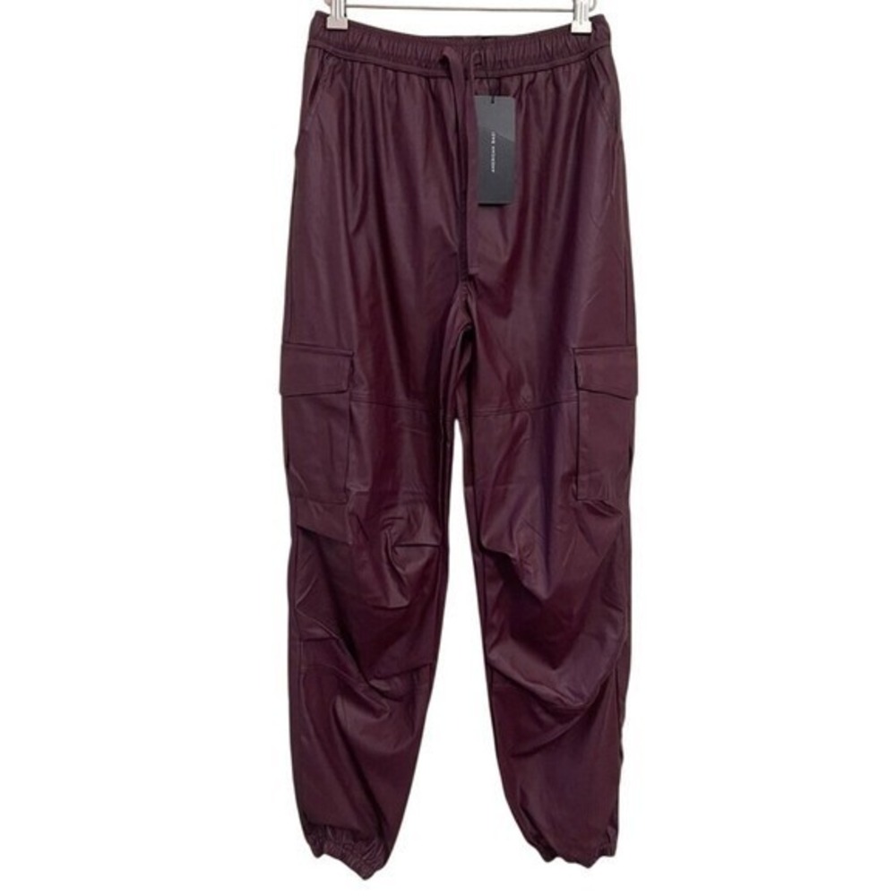 American‎ Bazi Burgundy Faux Leather Cargo Joggers Mens Small RJJ-9013 Wine New